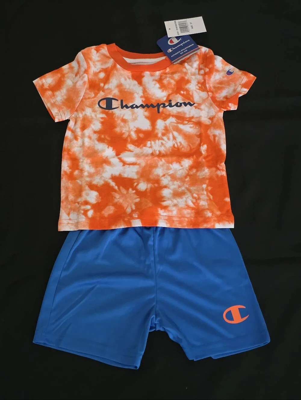 Champion Kids Orange & White Tie-Dye Logo Tee with Blue Shorts 2T